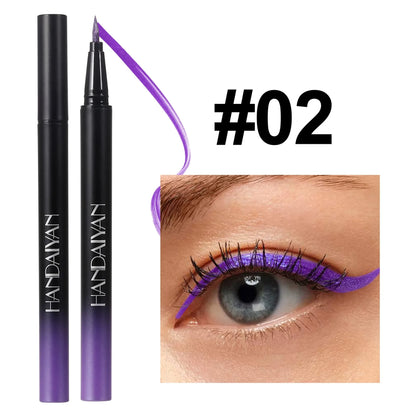 Purple eyeliner pen with 'HANDAIVAN' branding, shown with a close-up of an eye wearing the color '#02'.