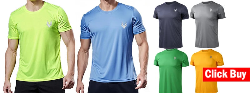 Five men wearing different colored t-shirts displayed against a white background with a 'Click Buy' button.