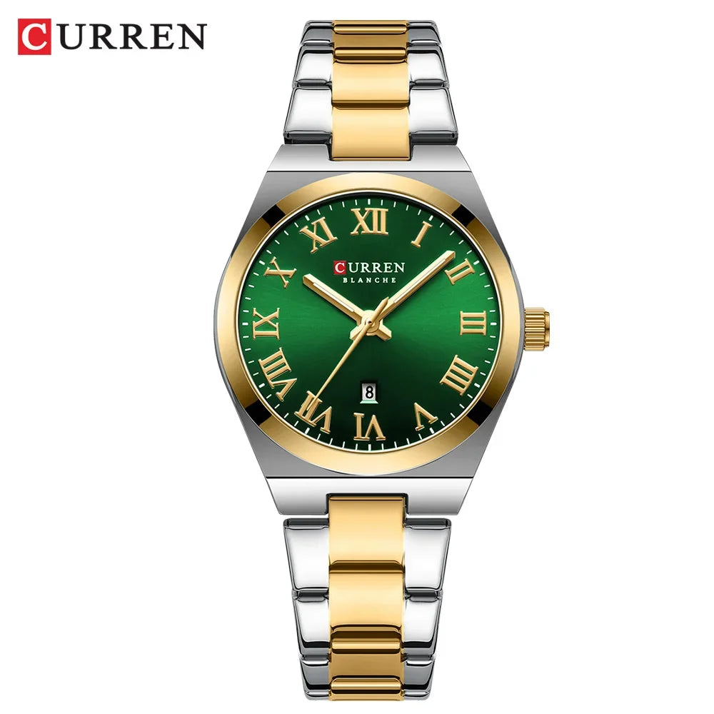 Curren watch with green face and gold accents on a white background