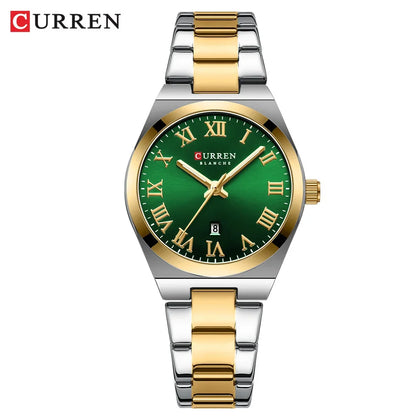 Curren watch with green face and gold accents on a white background