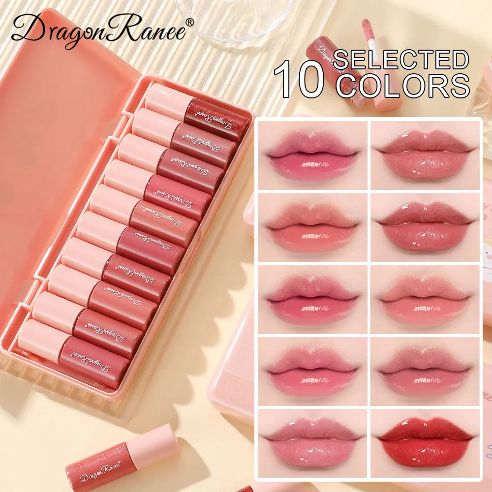 Set of Dragon Ranee lipsticks with a display case, showing various shades on lips.