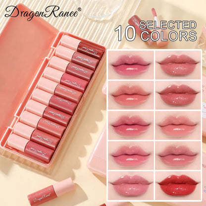 Set of Dragon Ranee lipsticks with a display case, showing various shades on lips.