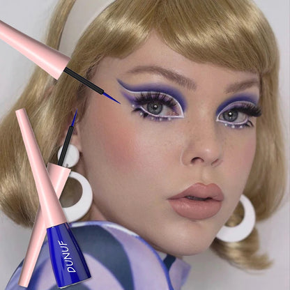 Close-up of a person applying blue eyeliner with a Dunuf mascara tube in the foreground.