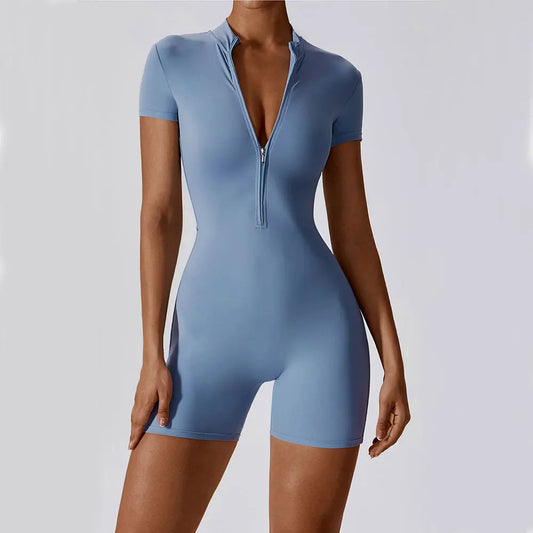 Blue bodysuit with a front zipper on a white background