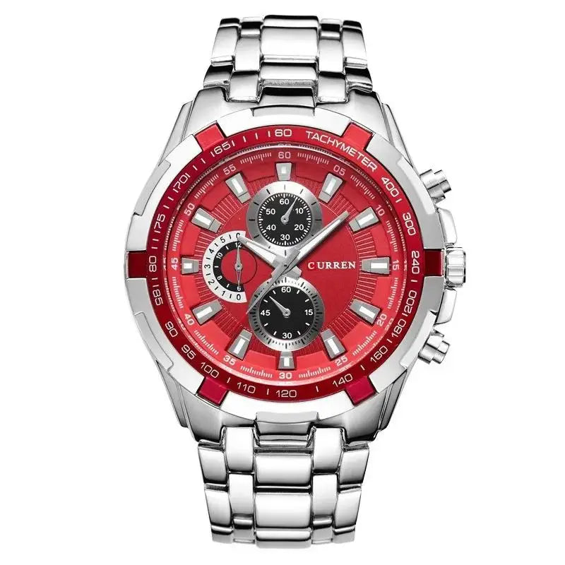 Wristwatch with red face and silver metal strap on white background