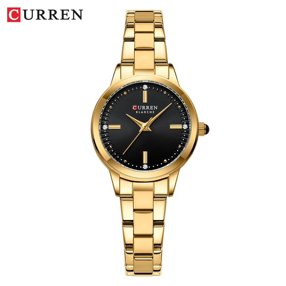 Gold wristwatch with black dial on a white background, featuring the brand 'Curren'.
