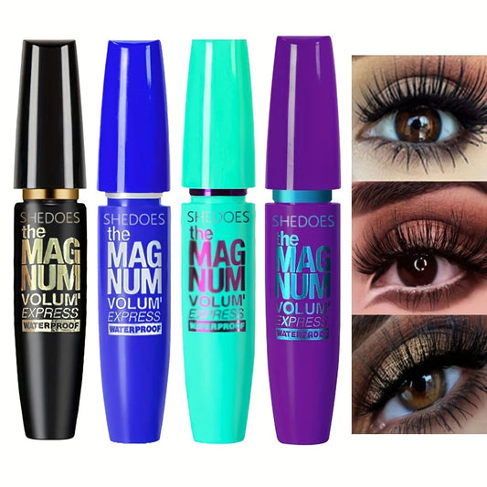 Four colorful mascara tubes with close-up of eyes wearing the product.
