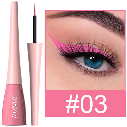 Pink eyeliner pen with close-up of eye wearing pink eyeliner and 'DUNUF' branding.