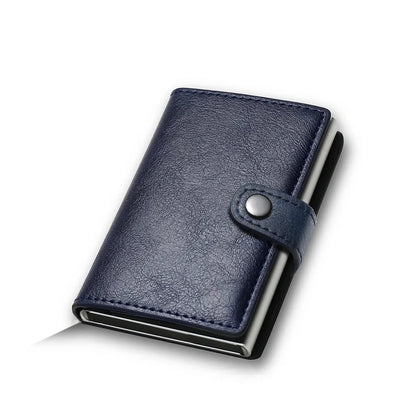 Blue cardholder with metallic button on a white background