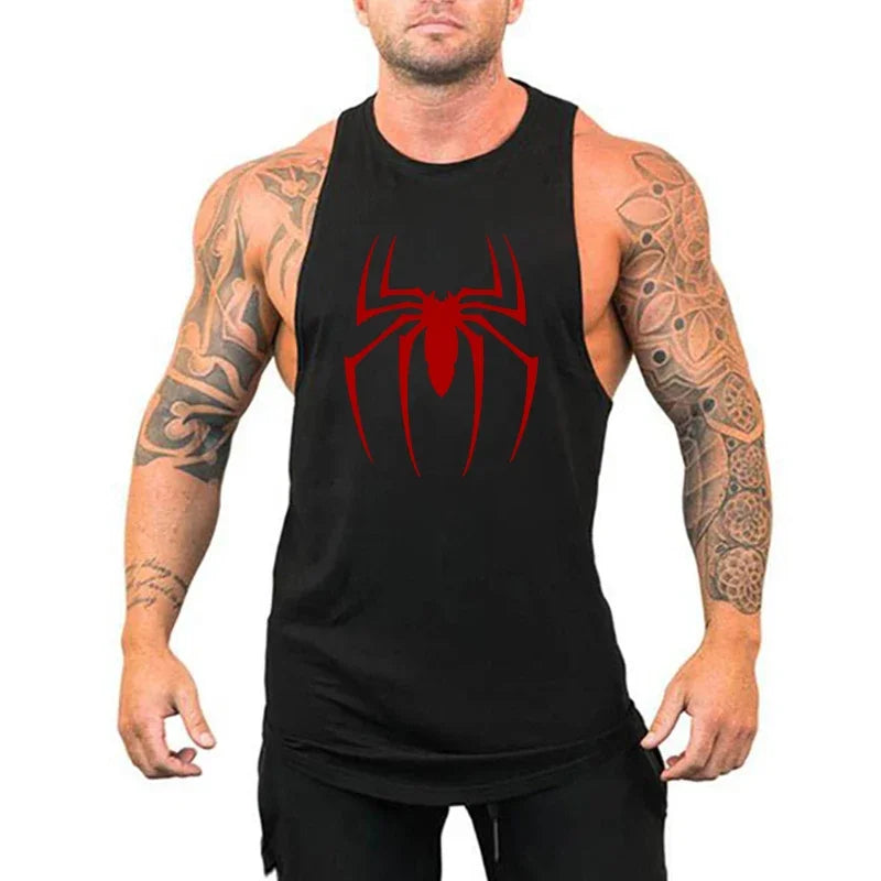 Person wearing a black tank top with a red spider logo on a white background
