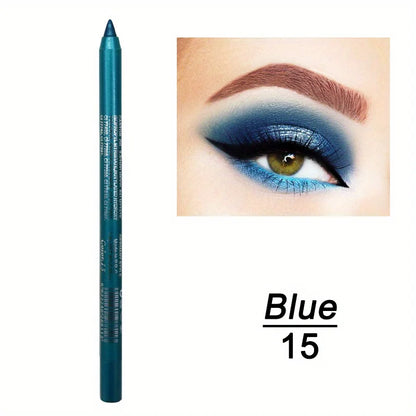 Blue eyeliner pencil with a close-up of an eye wearing blue makeup and the number 15.
