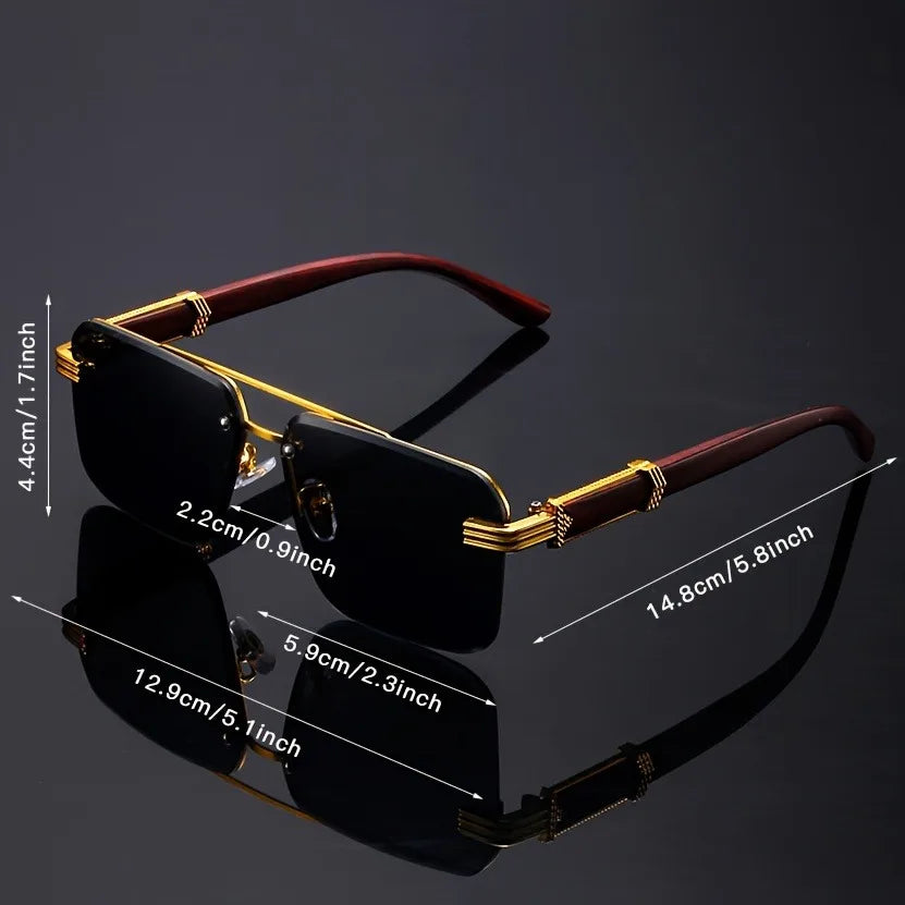 Sunglasses with gold frame and red accents, shown with measurements on a dark background