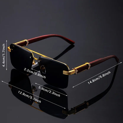 Sunglasses with gold frame and red accents, shown with measurements on a dark background