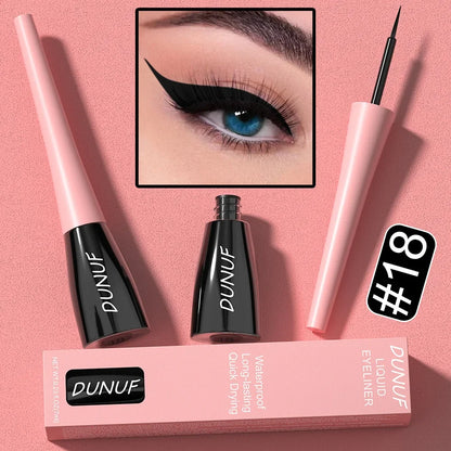DUNUF liquid eyeliner set with packaging on a pink background