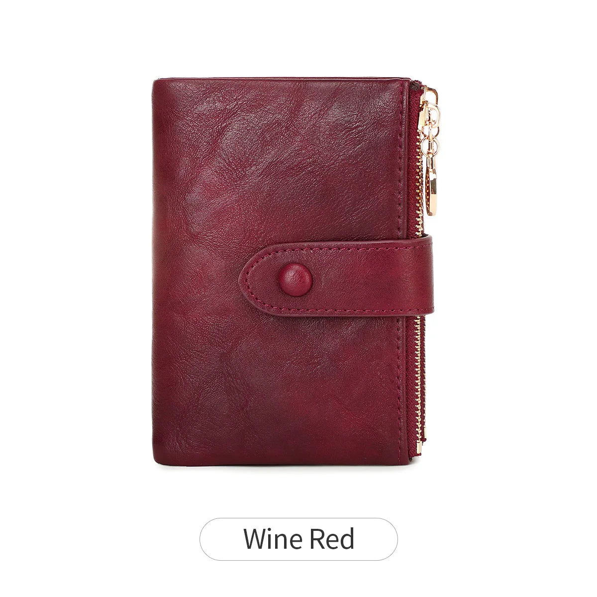 Wine red wallet with a gold zipper on a white background