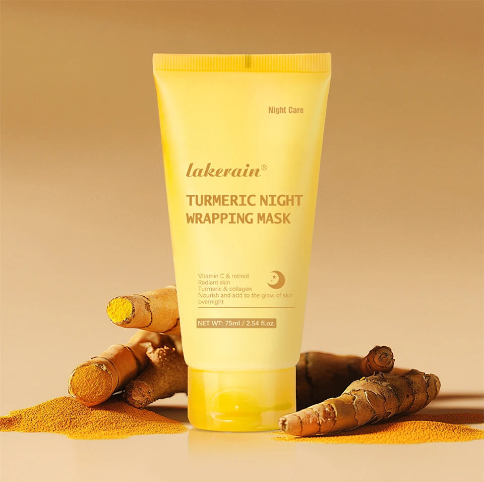 Lakerain Turmeric Night Wrapping Mask with turmeric roots on a beige background