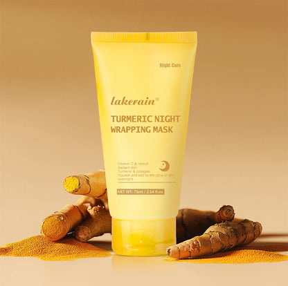 Lakerain Turmeric Night Wrapping Mask with turmeric roots on a beige background
