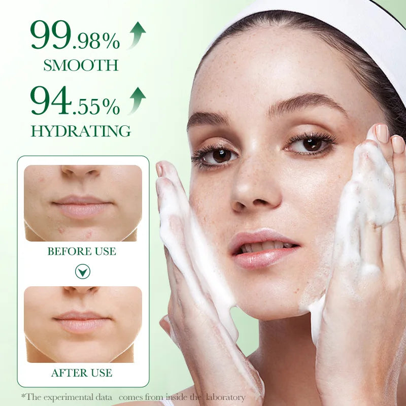 Woman applying skincare product with before and after effects on a green background