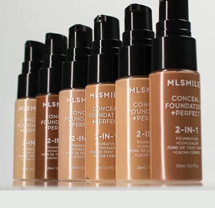 Row of MLSmile 2-in-1 Conceal, Foundation, and Perfect bottles on a light background