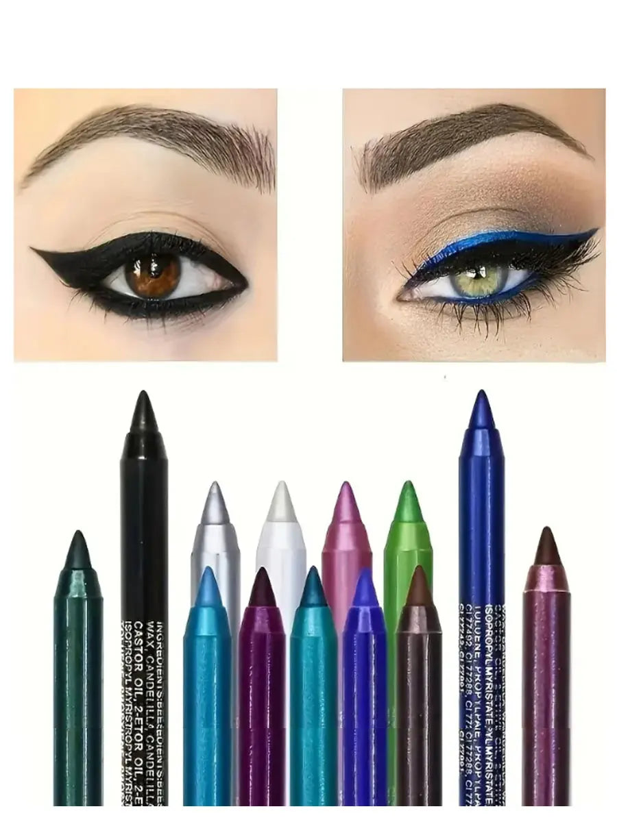 Eyeliner pencils displayed with close-up eye makeup examples.