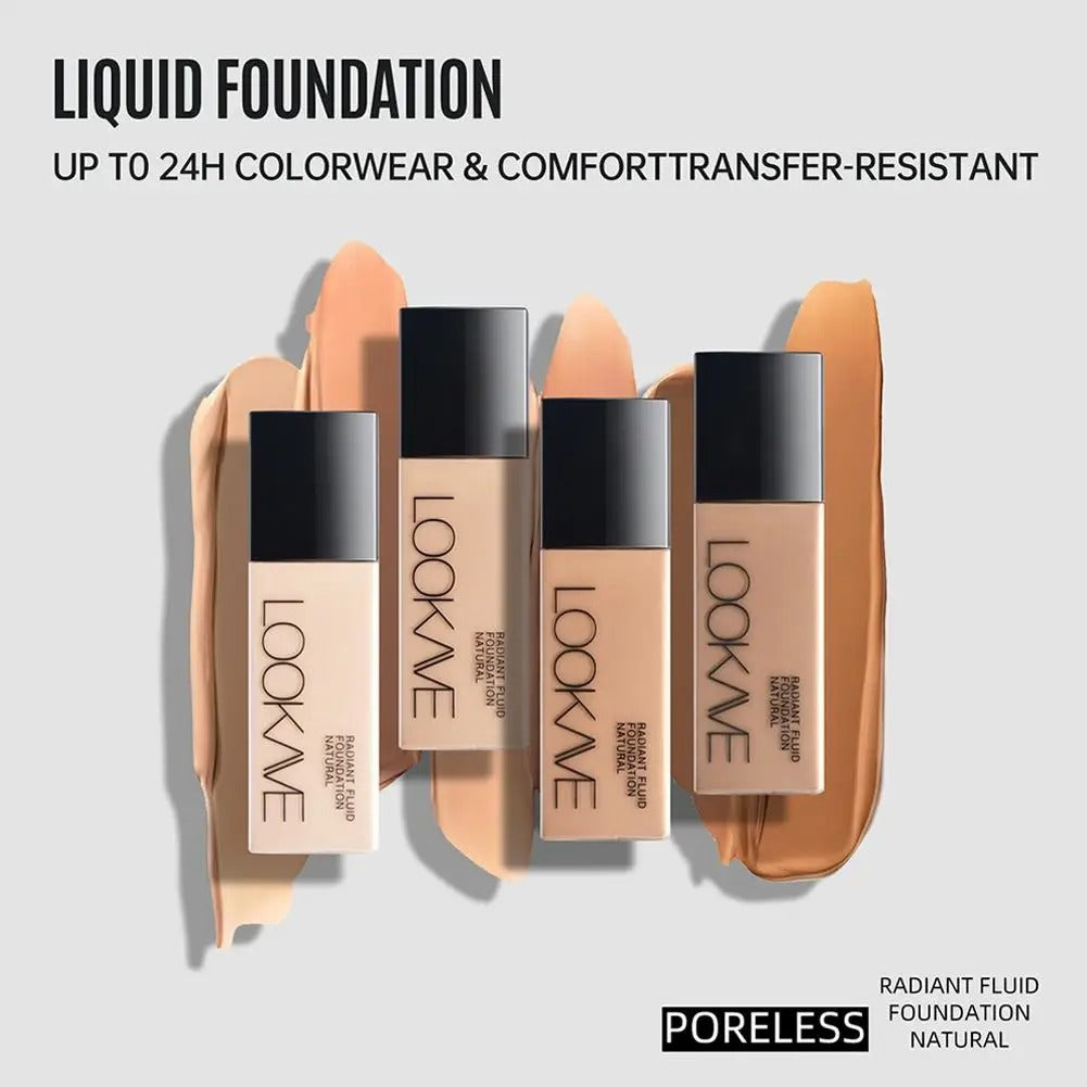 LookAve liquid foundation bottles with text on a light gray background