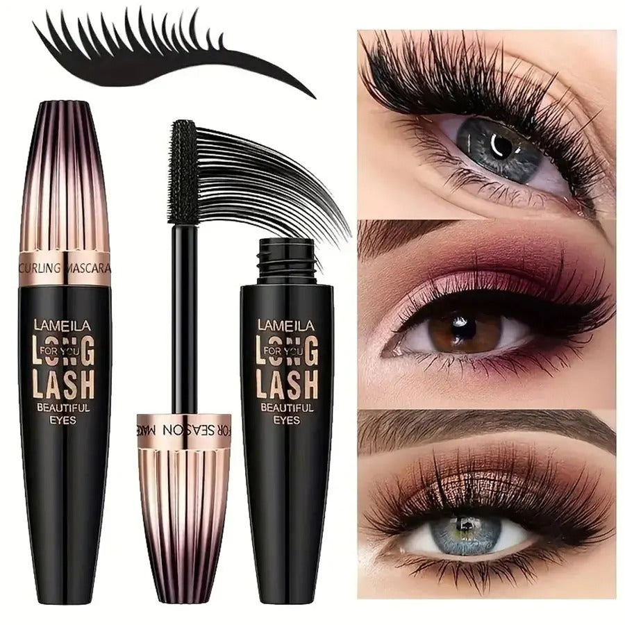 Lash curler and mascara with close-up of eyes wearing the product